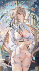 Rule 34 | 1girl, absurdres, ahoge, arm belt, belt, bird, blonde hair, blurry, blurry background, bow, bra, breasts, cloud, earrings, flower, flower request, garter belt, green eyes, hair between eyes, hair bow, heart, heart earrings, heart necklace, highres, holding, holding flower, houkisei, indoors, instrument, jewelry, large breasts, long hair, low twintails, momoko (houkisei), mountainous horizon, navel, necklace, ocean, original, panties, parted lips, piano, shrug (clothing), sky, solo, standing, thigh strap, thighs, twintails, underwear, very long hair, white belt, white bird, white bow, white bra, white garter belt, white panties, wide sleeves, window