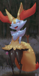 Rule 34 | 1girl, animal ears, animal hands, arms behind back, artist name, braixen, clitoris, controller, creatures (company), dated, drooling, fang, feet, female focus, female masturbation, fox ears, fox tail, full body, furry, furry female, game freak, gen 6 pokemon, grass, half-closed eyes, highres, holding, looking to the side, masturbation, navel, nintendo, object insertion, open mouth, outdoors, pigeon-toed, pokemon, pokemon (creature), pokemon xy, pussy, pussy juice, red eyes, relevancy, remote control, remote control vibrator, saliva, sex toy, shiny skin, signature, solo, standing, stick, tail, text focus, tongue, tongue out, tree, uncensored, vaginal, vaginal object insertion, vibrator, vibrator cord