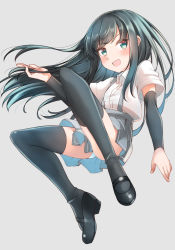 Rule 34 | 1girl, arm warmers, asashio (kancolle), black footwear, black hair, black thighhighs, blue eyes, blush, collared shirt, comah, full body, grey background, grey skirt, highres, kantai collection, loafers, long hair, open mouth, panties, pleated skirt, shirt, shoes, short sleeves, simple background, skirt, smile, solo, suspender skirt, suspenders, thighhighs, underwear, white panties, white shirt