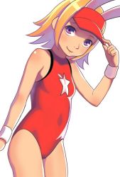 Rule 34 | 1girl, animal ears, arcana heart, blonde hair, breasts, catherine kyoubashi, closed mouth, imizu futoshi, leotard, looking at viewer, one-piece swimsuit, purple eyes, rabbit ears, red leotard, short hair, simple background, small breasts, smile, solo, star (symbol), swimsuit, visor cap, white background