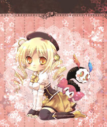 Rule 34 | 10s, 1girl, aono mizuki, beret, black thighhighs, blonde hair, blush, boots, bow, charlotte (madoka magica), corset, creature, dress, drill hair, gloves, hat, knee boots, kneeling, long hair, magical girl, mahou shoujo madoka magica, mahou shoujo madoka magica (anime), orange eyes, ribbon, smile, star (symbol), thighhighs, thighhighs under boots, tomoe mami, twin drills, twintails, yellow bow