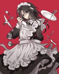 Rule 34 | 1boy, alternate costume, apron, arm behind back, black dress, black eyes, black hair, commentary, crossdressing, dress, empty eyes, enmaided, fork, frilled dress, frills, head tilt, highres, holding, holding knife, kimi ga shine, kitchen knife, knife, ladle, layered dress, light frown, long hair, long sleeves, looking at viewer, maid, maid headdress, male focus, male maid, meremero, plate, red background, satou kai, simple background, solo, spatula, spoon, white apron