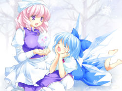 Rule 34 | 2girls, alternate hairstyle, apron, arm support, ayase hazuki, bare shoulders, barefoot, bow, head rest, cirno, dress, drill hair, floating, floating object, flower, frozen, hair bow, happy, hat, letty whiterock, lying, multiple girls, on stomach, open mouth, pink hair, short hair, sitting, snowflakes, touhou, waist apron, wings, winter