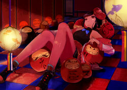 Rule 34 | 1girl, absurdres, bare shoulders, black footwear, black hair, black shirt, blurry, breasts, checkered floor, closed mouth, commentary request, daruma doll, depth of field, highres, indoors, knees up, lantern, legs, looking up, lying, mask, medium breasts, mimizuku (mmiganaru), off shoulder, on back, original, pantyhose, paper lantern, red eyes, red pantyhose, shirt, shoes, short hair, sleeveless, sleeveless shirt, solo