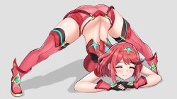 Rule 34 | 1girl, ^ ^, absurdres, ass, black gloves, breasts, chest jewel, closed eyes, desspie, earrings, fingerless gloves, full body, gem, gloves, happy, headpiece, highres, jack-o&#039; challenge, jewelry, large breasts, legs, meme, pyra (xenoblade), red hair, red shorts, red thighhighs, short hair, short shorts, shorts, smile, solo, swept bangs, thighhighs, tiara, top-down bottom-up, xenoblade chronicles (series), xenoblade chronicles 2