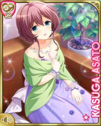Rule 34 | 1girl, asato kasuga, blue eyes, bow, brown hair, card, character name, day, dress, elbow gloves, girlfriend (kari), gloves, hair bun, indoors, jewelry, necklace, official art, open mouth, purple bow, purple dress, qp:flapper, short hair, sitting, smile, solo, tagme