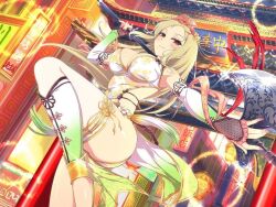 Rule 34 | 1girl, architecture, axe, blonde hair, blush, breasts, china dress, chinese clothes, chinese text, cleavage, dress, east asian architecture, elbow gloves, fingerless gloves, floral print, flower, frills, gloves, halberd, headdress, holding, holding polearm, holding weapon, large breasts, long hair, looking at viewer, mole, mole under mouth, official art, polearm, red eyes, senran kagura, senran kagura new link, shiki (senran kagura), shin guards, shiny skin, slippers, smile, solo, standing, standing on one leg, thighhighs, tiara, translation request, weapon, white flower, white thighhighs, wide hips, yaegashi nan