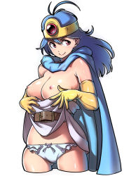 Rule 34 | 1girl, belt, blue hair, blue panties, breasts, cape, chunsoft, circlet, clothes lift, dragon quest, dragon quest iii, dress, dress lift, earrings, elbow gloves, enix, gloves, highres, jewelry, large breasts, long hair, nipples, panties, red eyes, sage (dq3), short dress, skirt, skirt lift, solo, square enix, strapless, strapless dress, twinpoo, underwear, white background, white dress