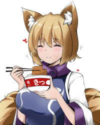 Rule 34 | 1girl, :t, aburaage, animal hat, blonde hair, blush, bowl, breasts, chopsticks, closed eyes, cup ramen, dress, eating, food, fox tail, hair between eyes, hat, heart, highres, holding, holding bowl, holding chopsticks, instant udon, large breasts, maruchan akai kitsune udon, motion lines, multiple tails, ofuda, ofuda on clothes, short hair, simple background, smile, solo, standing, sunaguma, tabard, tail, tassel, touhou, upper body, white background, white dress, white hat, yakumo ran