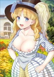 Rule 34 | 1girl, absurdres, architecture, blonde hair, blue bow, blue eyes, blue sky, blush, bow, breasts, building, dress, european architecture, european clothes, feathers, flower, grass, hands on own hips, hat, hat bow, hat feather, highres, kanden sky, large areolae, large breasts, nipple slip, nipples, open mouth, original, outdoors, red flower, sky, top hat, tree, victorian, white dress, white feathers, window, yellow flower