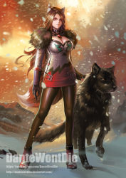 Rule 34 | 1girl, alternate costume, animal, animal ears, ankle boots, artist name, backlighting, belt, belt buckle, black gloves, boots, breasts, brooch, brown hair, brown pantyhose, buckle, choker, cleavage, closed mouth, contrapposto, dantewontdie, dress, expressionless, full body, fur, fur trim, gem, gloves, highres, imaizumi kagerou, jewelry, large breasts, long hair, looking afar, motion blur, open belt, outdoors, pantyhose, red footwear, red gemstone, snow, snowing, standing, strapless, strapless dress, tail, touhou, tube dress, very long hair, watermark, web address, whiskers, white dress, wolf, wolf ears, wolf tail