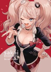 Rule 34 | 1girl, :d, ;d, bear hair ornament, blonde hair, blue eyes, bow, breasts, cleavage, collarbone, commentary request, danganronpa: trigger happy havoc, danganronpa (series), enoshima junko, hair ornament, highres, large breasts, long hair, looking at viewer, miniskirt, nail polish, necktie, one eye closed, open mouth, red bow, red nails, sakai (motomei), school uniform, shirt, skirt, sleeves rolled up, smile, solo, twintails, v