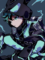 Rule 34 | 1boy, aqua gloves, badge, black bodysuit, black gloves, black outline, blue background, bodysuit, boku no hero academia, bright pupils, cel shading, commentary, electricity, film grain, flick, foreshortening, freckles, from side, gloves, green eyes, green hair, hands up, head down, highres, hood, hood up, hooded bodysuit, ligne claire, looking at viewer, looking to the side, male focus, midoriya izuku, neon trim, official alternate costume, outline, outstretched arms, parted lips, profile, shade, shion (1016 shio), short hair, sideways glance, sideways mouth, simple background, solo, upper body, v-shaped eyebrows, white pupils