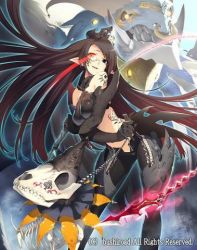Rule 34 | 10s, black hair, blue eyes, boots, cardfight!! vanguard, chain, crop top, crossed arms, crown, denim, dragon, heterochromia, jeans, latex, leather, looking at viewer, lowres, midriff, pale moon, pants, red eyes, silver thorn dragon tamer luquier, skull, thigh boots, thighhighs