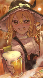 Rule 34 | 1girl, absurdres, alcohol, beer, beer mug, blonde hair, blush, bow, braid, commentary request, cup, drink, eating, food, furrowed brow, grin, hair between eyes, hakonnbo, half-closed eye, hat, hat bow, highres, kirisame marisa, long hair, looking at viewer, mouth hold, mug, nose blush, shirt, short sleeves, side braid, single braid, sketch, smile, solo, steam, touhou, upper body, white bow, witch hat, yellow eyes