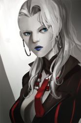 Rule 34 | 1girl, 3four, blue eyes, blue lips, character request, chou shittou caduceus, earrings, forehead, fringe trim, hoop earrings, hospital rokunin no ishi, jewelry, lips, lipstick, makeup, mira kimishima, necklace, necktie, nose, solo, spot color, upper body