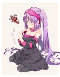Rule 34 | 1girl, blindfold, blindfold lift, breasts, collar, cosplay, detached sleeves, dress, euryale (fate), fate/hollow ataraxia, fate/stay night, fate (series), highres, long hair, medusa (fate), medusa (rider) (fate), medusa (rider) (fate) (cosplay), oversized clothes, purple eyes, purple hair, sitting, small breasts, solo, thighhighs, twintails, wariza, yuu-yuu
