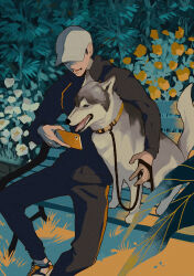 Rule 34 | 1boy, absurdres, animal, arm around back, baseball cap, bench, black hair, closed eyes, dog, ear piercing, floral background, flower, full body, hat, highres, holding, holding leash, holding phone, jacket, leaf, leash, looking at phone, lower teeth only, male focus, morio (m machi), night, on bench, open mouth, original, pants, park bench, phone, piercing, plant, short hair, smile, sportswear, sweatpants, teeth, track jacket, wooden bench