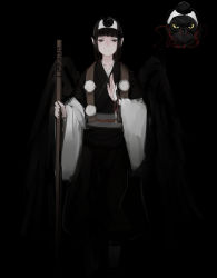 Rule 34 | 1girl, black background, black eyes, black hair, black kimono, bracelet, cane, character request, check character, highres, japanese clothes, jewelry, kappa, kimono, looking at viewer, mask, original, rampart1028