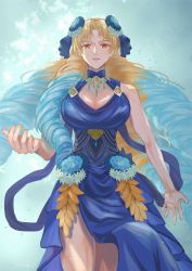 Rule 34 | 1girl, astraea (fate), big hair, blonde hair, blue dress, blue hair, bow, breasts, cleavage, dress, drill hair, fate/grand order, fate (series), flower, gradient hair, hair bow, hair flower, hair ornament, highres, large breasts, long hair, looking at viewer, multicolored hair, open mouth, quad drills, smile, solo, very long hair, yaguremaru, yellow eyes