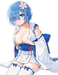 Rule 34 | 1girl, alternate costume, blue eyes, blue hair, blue ribbon, blue sash, blunt bangs, blush, breasts, cleavage, closed mouth, collarbone, commentary, detached sleeves, eikaa, eyes visible through hair, flower, hair flower, hair ornament, hair over one eye, hand on own chest, hands up, japanese clothes, kimono, large breasts, legs together, looking at viewer, miko, no bra, nontraditional miko, obi, open clothes, re:zero kara hajimeru isekai seikatsu, rem (re:zero), ribbon, sash, short hair, simple background, sitting, smile, solo, thighhighs, thighs, white background, white kimono, white thighhighs, wide sleeves, x hair ornament