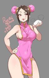 Rule 34 | 1girl, 2020, agawa ryou, baozi, bare shoulders, breasts, brown eyes, brown hair, china dress, chinese clothes, commentary, covered navel, dated, double bun, dress, food, grey background, hand on own hip, large breasts, pink dress, raised eyebrow, short hair, sideboob, simple background, smile, solo, standing, thighs
