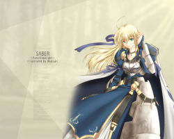 Rule 34 | 1girl, akatsuki akane, alternate hairstyle, armor, armored dress, artist name, artoria pendragon (all), artoria pendragon (fate), blonde hair, cape, character name, copyright name, dress, fate/stay night, fate (series), gradient background, green eyes, long hair, saber (fate), solo, wallpaper
