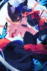 Rule 34 | 1girl, animal ears, arm behind back, armpits, bare shoulders, black hair, bug, butterfly, dress, electricity, extended arm, glowing, glowing eye, highres, insect, long hair, moon, night, nozomi (the0neulost), original, ponytail, red dress, red eyes, serious, tail, the0neulost