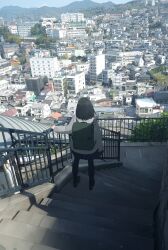 Rule 34 | 1girl, absurdres, apartment, backpack, bag, black footwear, black hair, black pantyhose, blue sky, building, bush, city, cityscape, commentary request, day, from behind, grey sweater, highres, mountain, mountainous horizon, original, outdoors, pantyhose, photo-referenced, power lines, railing, road, scenery, sky, solo, stairs, standing, sweater, tree, unagi189, utility pole