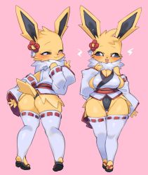 Rule 34 | 1girl, ass, blue eyes, blush, breasts, cleavage, colored sclera, creatures (company), furry, furry female, game freak, gen 1 pokemon, japanese clothes, jolteon, large breasts, miko, nintendo, pokemon, pokemon (creature), rikose, tail, thighhighs