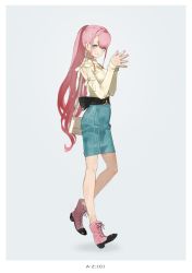 Rule 34 | 1girl, a-z c (neco), also sprach zarathustra (neco), bag, boots, border, bow, bracelet, earrings, fingers together, grey background, grey eyes, highres, jewelry, long hair, looking at viewer, neco, original, pink footwear, pink hair, ponytail, profile, simple background, skirt, smile, solo, walking, white border