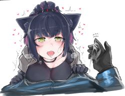 Rule 34 | 1girl, 1other, animal ears, arknights, black gloves, black hair, blush, breasts, cat ears, cat girl, doctor (arknights), flying sweatdrops, gloves, green eyes, heart, heart-shaped pupils, highres, hood, hooded jacket, jacket, jessica (arknights), k0ng, looking at viewer, pov, purple hair, saliva, simple background, symbol-shaped pupils, tears, trembling, white background