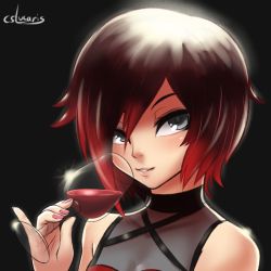 Rule 34 | 1girl, cslucaris, cup, drink, drinking glass, nail polish, pinky out, red hair, ruby rose, rwby, grey eyes, simple background, solo, wine glass