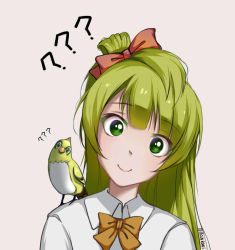 Rule 34 | 10s, 1girl, ?, ??, alternate eye color, alternate hair color, animal, animal on shoulder, asymmetrical hair, bird, bird on shoulder, blonde hair, bow, bowtie, closed mouth, collared shirt, commentary request, crossover, ganymede (overwatch), green eyes, hair bow, hair rings, head tilt, long hair, long sleeves, looking at viewer, love live!, love live! school idol project, minami kotori, orange bow, orange bowtie, overwatch, overwatch 1, qingchen (694757286), red bow, school uniform, shirt, simple background, smile, solo, twitter username, upper body, white shirt, wing collar