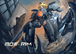 Rule 34 | 1girl, arm blade, arm cannon, armor, blonde hair, brown eyes, building, cannon, chain sword, chest cannon, destruction, directed-energy weapon, electricity, energy, energy cannon, energy weapon, gd6 chain sword, gipsy danger, glowing, i-19 plasmacaster, jaeger (pacific rim), kaijuu, legendary pictures, mask, mecha musume, monster, mouth mask, mystic-san, neon trim, nuclear vortex turbine, otachi, pacific rim, pan pacific defense corps, personification, plasma, plasma cannon, skyscraper, sword, weapon, whip, whip sword