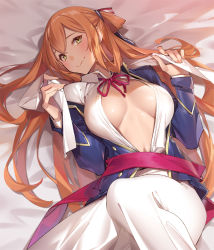 Rule 34 | 1girl, bed sheet, blazer, blush, breasts, breasts apart, brown hair, closed mouth, collared shirt, girls&#039; frontline, green eyes, hair between eyes, hair ribbon, hair rings, head tilt, jacket, knee up, large breasts, long hair, long sleeves, looking at viewer, lying, neck ribbon, no bra, on back, open mouth, partially undressed, popqn, ribbon, shirt, sidelocks, smile, solo, springfield (girls&#039; frontline)