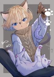 Rule 34 | 1boy, :o, animal, animal ears, animal on lap, black pants, blonde hair, blue eyes, border, cable knit, cat, cat boy, cat ears, cat teaser, claws, dated, furry, furry male, grey background, grey border, grey sweater, highres, long sleeves, male focus, odabuttu, on lap, original, pants, pawpads, sitting, sleeveless, sleeveless sweater, sweater