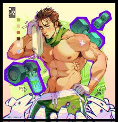 Rule 34 | 1boy, abs, animal, artist name, bandaged hand, bandages, bandaid, bandaid on arm, bara, brown hair, can, commission, corrupted twitter file, dog, drink can, dumbbell, energy drink, green scarf, green shorts, highres, ibispaint (medium), jezz mons art, large pectorals, male focus, monster energy, muscular, muscular male, navel, nipples, original, pectorals, scarf, short hair, shorts, soda can, topless male, twitter username