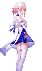 Rule 34 | 1girl, absurdres, bare shoulders, blue dress, blue eyes, blush, breasts, chinese commentary, commentary request, detached sleeves, dress, from behind, highres, honkai: star rail, honkai (series), layered dress, long sleeves, march 7th (dress) (honkai: star rail), march 7th (honkai: star rail), medium breasts, medium hair, official alternate costume, panties, pink eyes, pink hair, pleated dress, short dress, simple background, solo, standing, thighhighs, tiara, two-tone eyes, underwear, white background, white dress, white panties, white thighhighs, xiaoheixiong