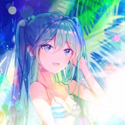 Rule 34 | 1girl, :d, bad id, bad pixiv id, bikini, blue eyes, blue hair, breasts, cleavage, collarbone, earrings, hair between eyes, hand in own hair, hatsune miku, heart, heart earrings, jewelry, long hair, looking at viewer, nmi (pixiv22137230), open mouth, small breasts, smile, solo, striped bikini, striped bikini top, striped clothes, swimsuit, twintails, upper body, very long hair, vocaloid