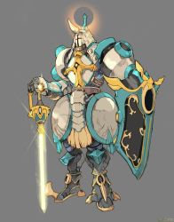 Rule 34 | 00s, absurdres, armor, cross, dungeon and fighter, guardian lumi, halo, helmet, highres, no humans, rapier, shield, sword, weapon