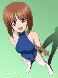 Rule 34 | 1girl, blue one-piece swimsuit, blush, breasts, brown eyes, brown hair, covered navel, girls und panzer, highres, looking at viewer, medium breasts, naotosi, nishizumi miho, one-piece swimsuit, open mouth, short hair, smile, solo, swimsuit, thighhighs, white thighhighs