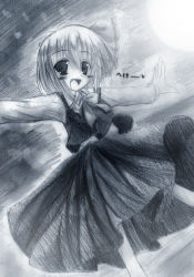 Rule 34 | 1girl, blonde hair, embodiment of scarlet devil, fang, female focus, fukai ryosuke, greyscale, hair ribbon, monochrome, necktie, outstretched arms, red eyes, ribbon, rumia, short hair, solo, spread arms, touhou