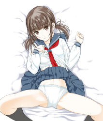 Rule 34 | 1girl, bed sheet, black socks, blue sailor collar, blue skirt, bra, brown eyes, brown hair, clothes lift, commentary, from above, head tilt, highres, lifted by self, long sleeves, looking at viewer, low twintails, lying, medium hair, moonsorrow, navel, neckerchief, on back, on bed, original, outstretched arms, panties, parted lips, pleated skirt, red neckerchief, sailor collar, school uniform, serafuku, shirt, shirt lift, skirt, skirt lift, socks, solo, spread arms, twintails, underwear, white bra, white panties, white shirt