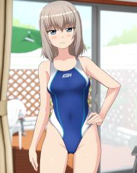 Rule 34 | 1girl, absurdres, bare shoulders, blue eyes, blue one-piece swimsuit, blurry, breasts, chair, commentary request, competition swimsuit, contrapposto, depth of field, fence, girls und panzer, groin, hand on own hip, highleg, highleg swimsuit, highres, itsumi erika, looking at viewer, medium breasts, medium hair, one-piece swimsuit, parted lips, reflection, short hair, silver hair, sliding doors, solo, standing, swimsuit, takafumi