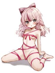 Rule 34 | 1girl, arm support, blush, bow, braid, breasts, character request, chestnut mouth, children&#039;s day, chinese commentary, commentary request, completely nude, copyright request, full body, grey eyes, groin, head tilt, head wings, highres, leg ribbon, looking at viewer, miyayoki, multicolored hair, naked ribbon, navel, nude, pink bow, pink hair, pink ribbon, purple hair, ribbon, shadow, sidelocks, simple background, sitting, sketch, small breasts, solo, stomach, streaked hair, thigh ribbon, waist ribbon, wariza, white background, wings