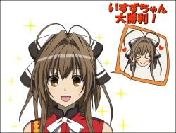 Rule 34 | &gt; &lt;, 1girl, :d, amagi brilliant park, antenna hair, black border, blush, blush stickers, border, bow, brown eyes, brown hair, chibi, chibi inset, commentary request, hair bow, long hair, looking at viewer, open mouth, sento isuzu, sleeveless, smile, solo, sparkle, todo (masa3373), translation request, upper body, v, white background