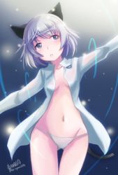 Rule 34 | 1girl, animal ears, artist name, aura, bad id, bad twitter id, blue eyes, breasts, cat ears, cat tail, cowboy shot, dress shirt, energy, gluteal fold, haruhata mutsuki, head tilt, light particles, looking at viewer, navel, no bra, no pants, open clothes, open shirt, panties, parted lips, sanya v. litvyak, shirt, short hair, signature, silver hair, small breasts, solo, strike witches, tail, thigh gap, twitter username, underwear, white shirt, world witches series
