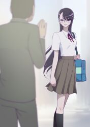 Rule 34 | 1girl, bag, black eyes, blurry, blurry background, blurry foreground, breasts, closed mouth, cure moonlight, expressionless, feet out of frame, glasses, heartcatch precure!, highres, kneehighs, legs, long hair, looking at another, muramura hito, over shoulder, precure, purple hair, rimless eyewear, school bag, school uniform, skirt, small breasts, socks, standing, thighs, tsukikage yuri