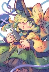 Rule 34 | 1girl, black hat, blouse, blush, bow, bright pupils, commentary, frilled shirt collar, frilled sleeves, frills, green eyes, green hair, green skirt, hair over one eye, hands up, hat, hat bow, heart, heart of string, highres, holding, holding knife, knife, komeiji koishi, long hair, long sleeves, looking at viewer, mame komari, one-hour drawing challenge, one eye covered, open mouth, shirt, skirt, solo, teeth, third eye, touhou, twitter username, upper teeth only, white pupils, wide sleeves, yellow bow, yellow shirt